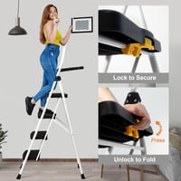 HBTower 4 Lépcsős Összecsukható Létra, Széles Csúszásgátló Pedálokkal, Stabil Fogantyúval, Könnyű 7,5kg Hordozható Acél Fellépő, Fehér, 229k 3