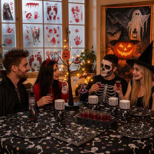 Krvavá halloweenska dekorácia: 8x nálepka + banner + 24 LED stromček + 97-dielny set + 60 ml umelá krv