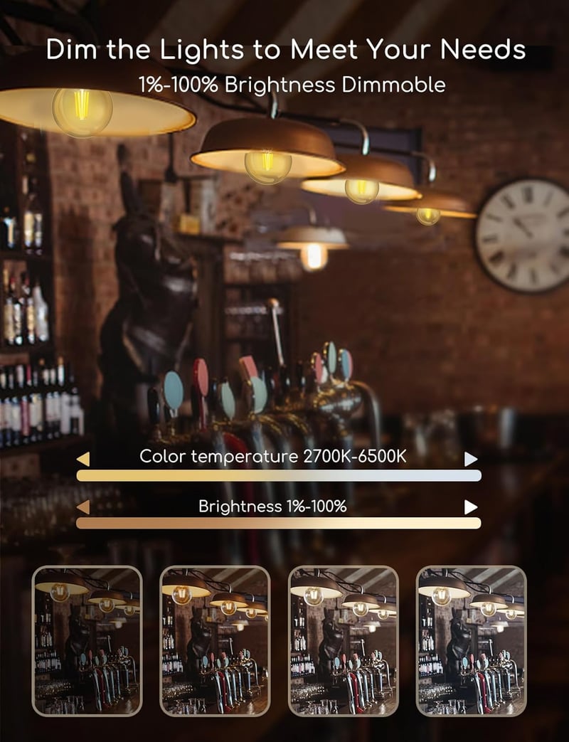 Aigostar E27 LED okos vintage izzó, 6W, G80 gömb, Alexa és Google Home kompatibilis, állítható fényerő