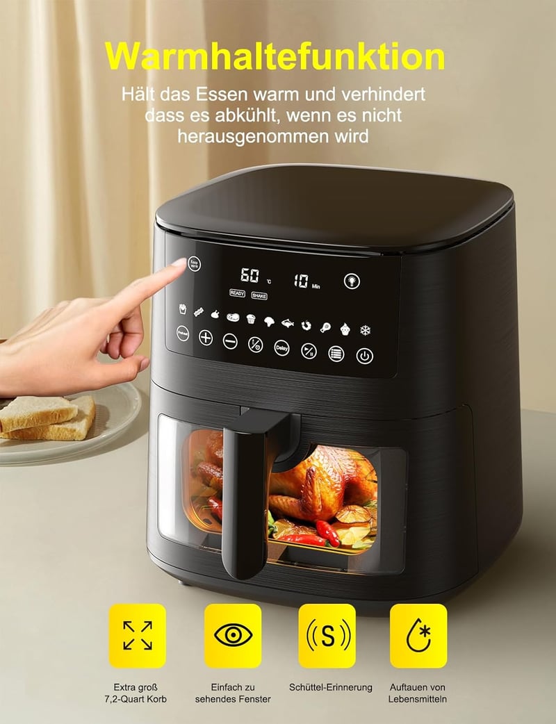 Cookwise 7,2L Forrólevegős Sütő Betekintő Ablakkal - 13 az 1-ben XXL Airfryer Előmelegítés, Melegen Tartás és Kiolvasztás Funkcióval, Olajme