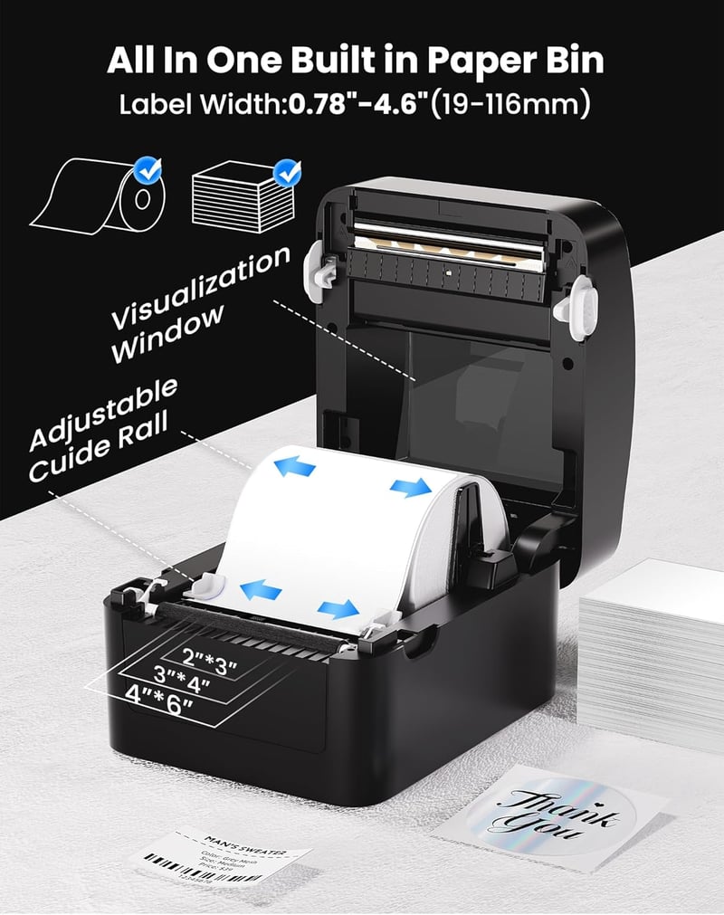 vretti USB Címkenyomtató XXL Papírtálcával - DHL Szállítási Címkékhez, Windows/Mac/ChromeOS/Linux Kompatibilis, 99,99% Vonalkód Olvasási Ará - black, USB