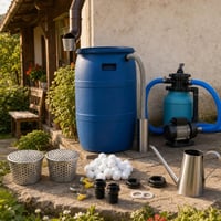 Záhradný set na dažďovú vodu: 2x lapač lístia + spojka nádrží + 1300g filtračné guľôčky + 500ml krhla 1