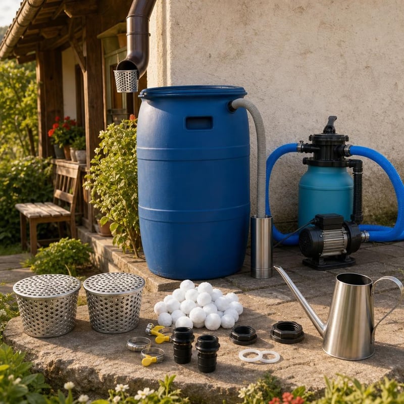 Záhradný set na dažďovú vodu: 2x lapač lístia + spojka nádrží + 1300g filtračné guľôčky + 500ml krhla