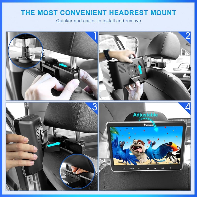 NAVISKAUTO 10.1" Autós DVD Lejátszó Szett - 2 Fejtámlára Szerelhető Monitor, HDMI Bemenet, 2 Fejhallgató, Memória Funkció, USB/SD Kártyaolva