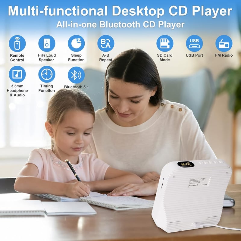 Liphier Hordozható Bluetooth CD Lejátszó - Asztali HiFi Hangszórós Zenelejátszó LED Kijelzővel, Porvédelemmel és Távirányítóval