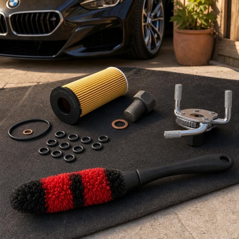 Set za izmjenu ulja za BMW: filter + 10x O-prsten + čep kartera + ključ za filter + četka za felge