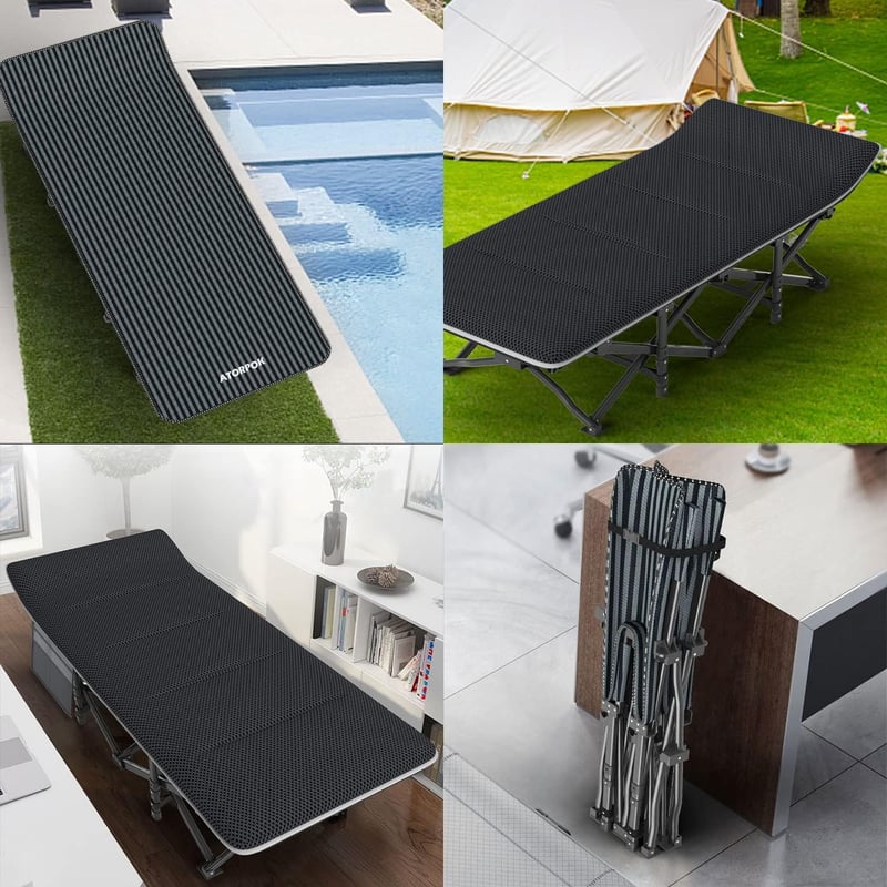 ATORPOK SHOP Összecsukható Kemping Ágy 200 kg Teherbírással - Hordozható Utazóágy Oldaltáskával, Fekete, Erős Acélváz, 190x70x35 cm