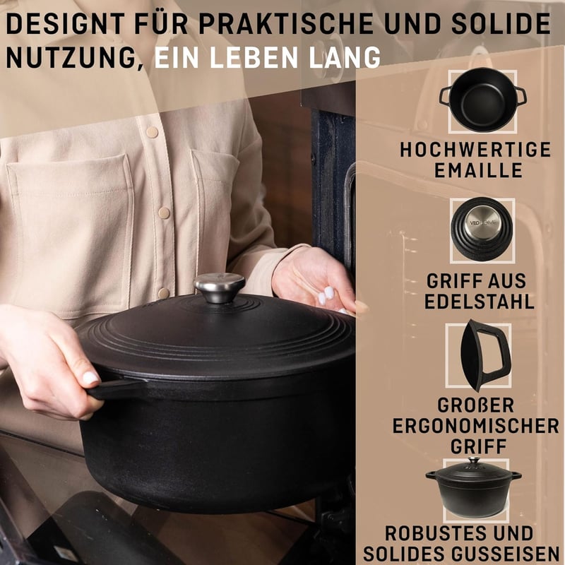 VeoHome 6L Öntöttvas Lábas Matt Fekete Zománcozott | Sütő-Főzőedény | Kenyérsütéshez | Holland Sütő | Hőálló Fazék 28cm