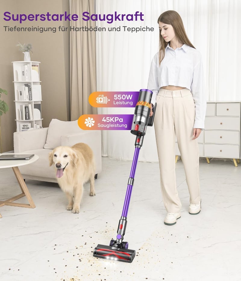 CHEBIO V18 Vezeték Nélküli Porszívó 45000Pa/550W - 70 Perces Üzemidő, Automata Szívóerő, LED Kijelző, HEPA Szűrő, Szőnyeghez, Állatszőrhöz