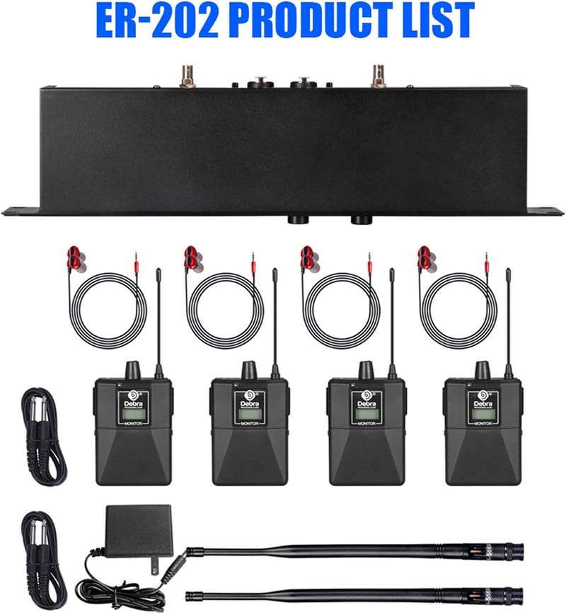 D Debra Audio PRO ER-202 UHF Dupla Csatornás Vezeték Nélküli Fülmonitor Rendszer - Színpadi, Stúdió Használatra, Zenészeknek (4 Vevőegységge