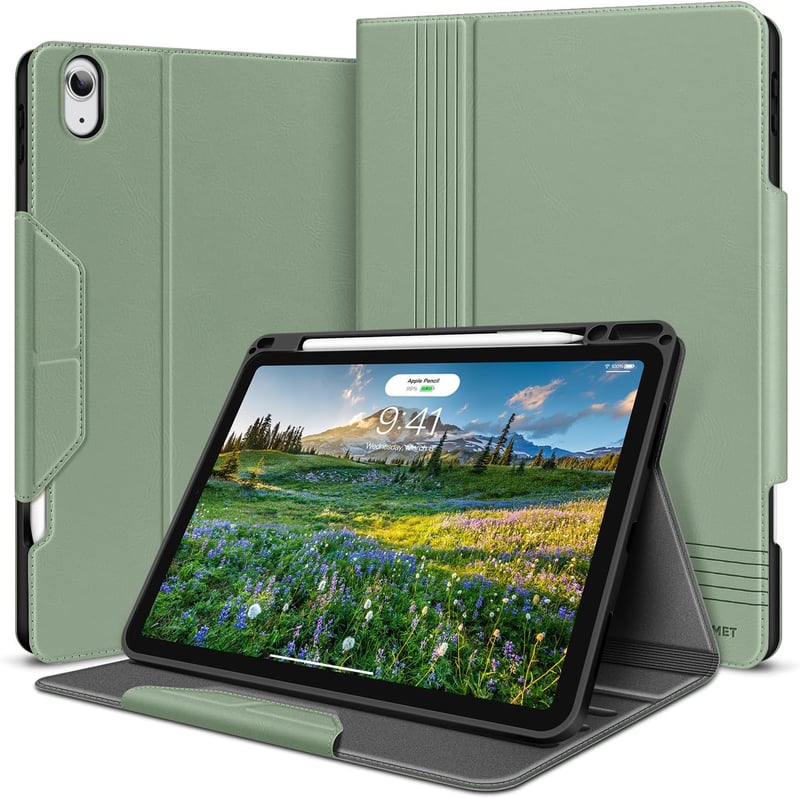 HOLIMET iPad Air 11/10,9" Tok M3/M2/6/5/4 Generációhoz (2025-2020) - Zöld Bőr Védőtok Ceruzatartóval, Automatikus Alvás/Ébresztés, Állvány F