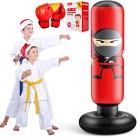 EQARD Ninja Felfújható Boxzsák Gyerekeknek Boxkesztyűvel - 160 cm Álló Edzőzsák Karate, Taekwondo, MMA Gyakorláshoz, Piros PVC 1
