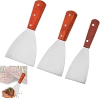 Helweet 3 részes Teppanyaki Spatula Készlet - Rozsdamentes Acél Grillező Lapát Fa Nyéllel Sütéshez, BBQ-hoz, Pizzához, Steakhez 1