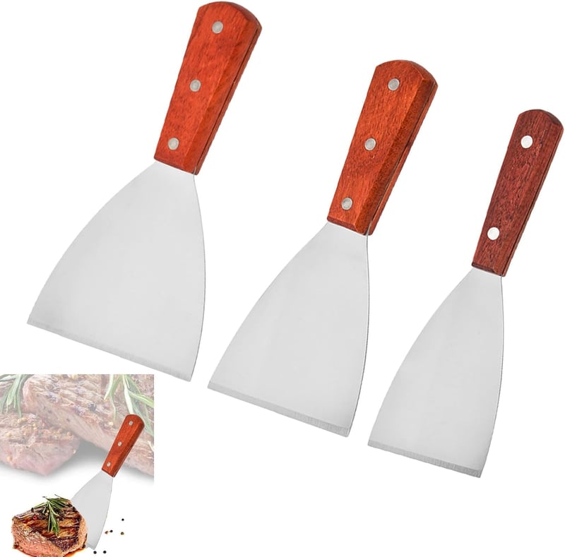 Helweet 3 részes Teppanyaki Spatula Készlet - Rozsdamentes Acél Grillező Lapát Fa Nyéllel Sütéshez, BBQ-hoz, Pizzához, Steakhez