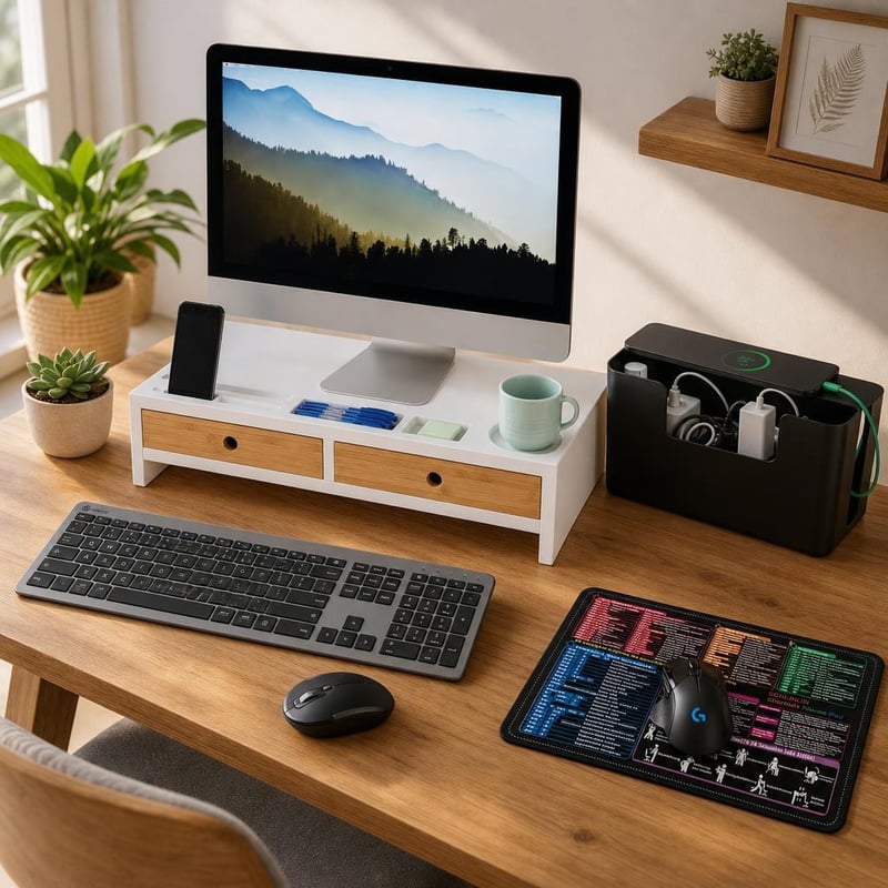 Birou organizat: set tastatură-mouse + 2 mousepad-uri + suport monitor + cutie organizator cabluri