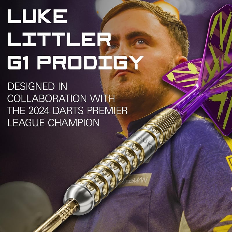 Target Darts Luke Littler Gen 1 Prodigy 90% Tungsten Darts Nyíl Készlet 22G - Arany Acél Hegyekkel, K-Flex Szárnyakkal, Swiss Point Technoló