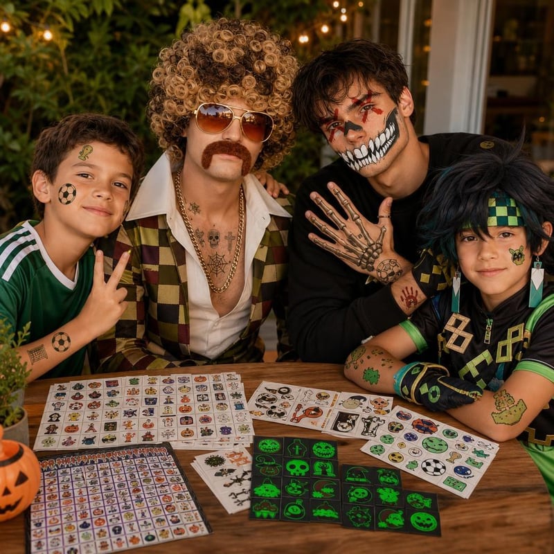 Disko párty set: afro parochňa + 408 tetovaní + 12 listov na tvár + 20 futbalových tetovaní + cosplay kostým