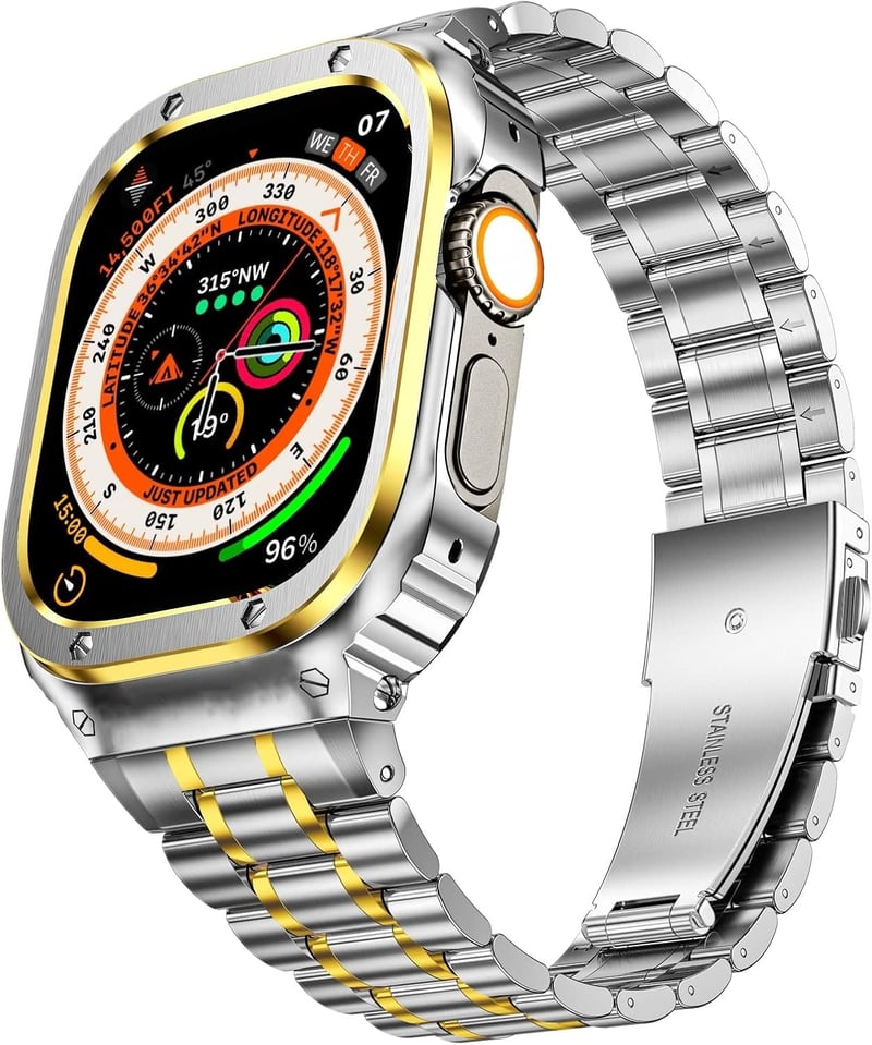 Apple Watch Ultra 49mm Védőtokos Fém Szíj - MioHHR Ütésálló Ezüst/Arany