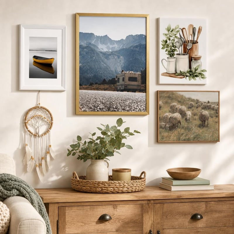 Falivarázs falikép-csomag: A4 fehér keret + 30×40 arany keret + 2 vászonkép + 12 cm álomfogó