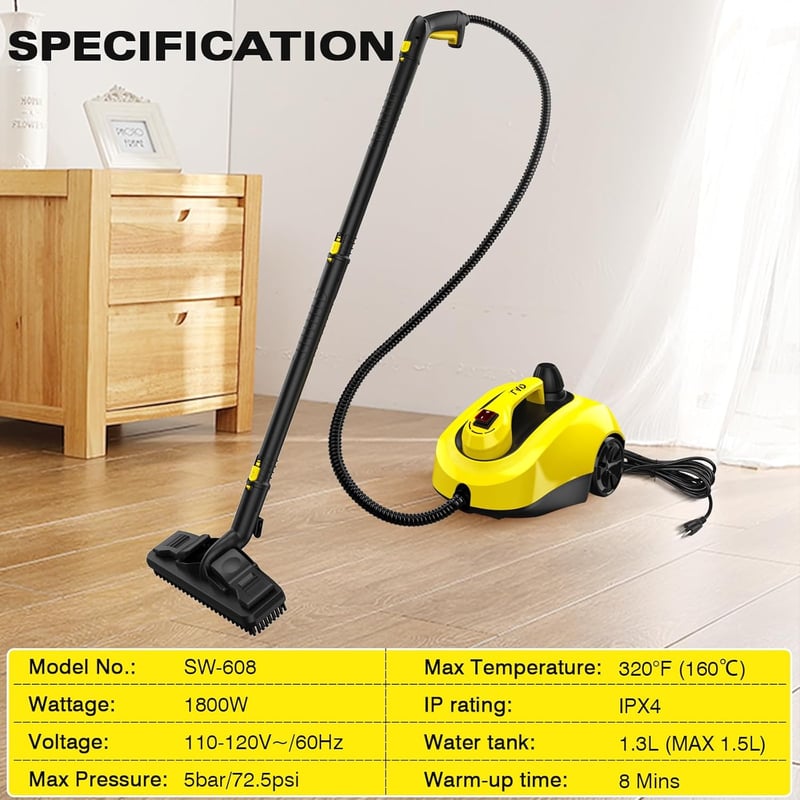 TVD Gőztisztító 1500W - Sárga-Kék Nagynyomású Gőzölő 1,5L Tartállyal, Sokoldalú Tartozékokkal Padlóhoz, Szőnyeghez, Csempéhez, Ablakhoz és K