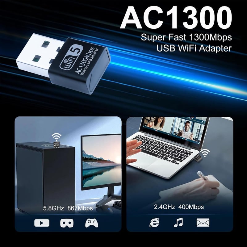 Aigital USB WiFi Adapter 1300Mbps Dual Band 2.4GHz/5.8GHz Vezeték Nélküli Hálózati Vevő PC/Laptop Windows 11/10/8/7/XP és Mac OS Kompatibili