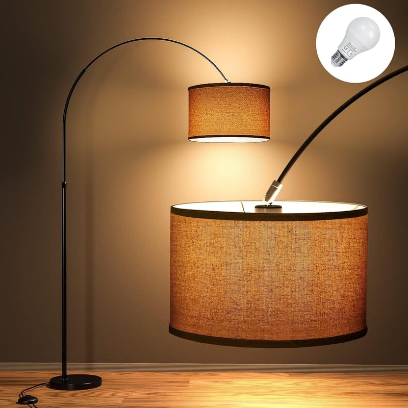 Modlicht Jasmin Ívelt Állólámpa - E27 LED 9W, 3000K Meleg Fény, 33cm Lenvászon Lámpaernyő, Bézs, 165-180cm, Nappali, Hálószoba, Iroda