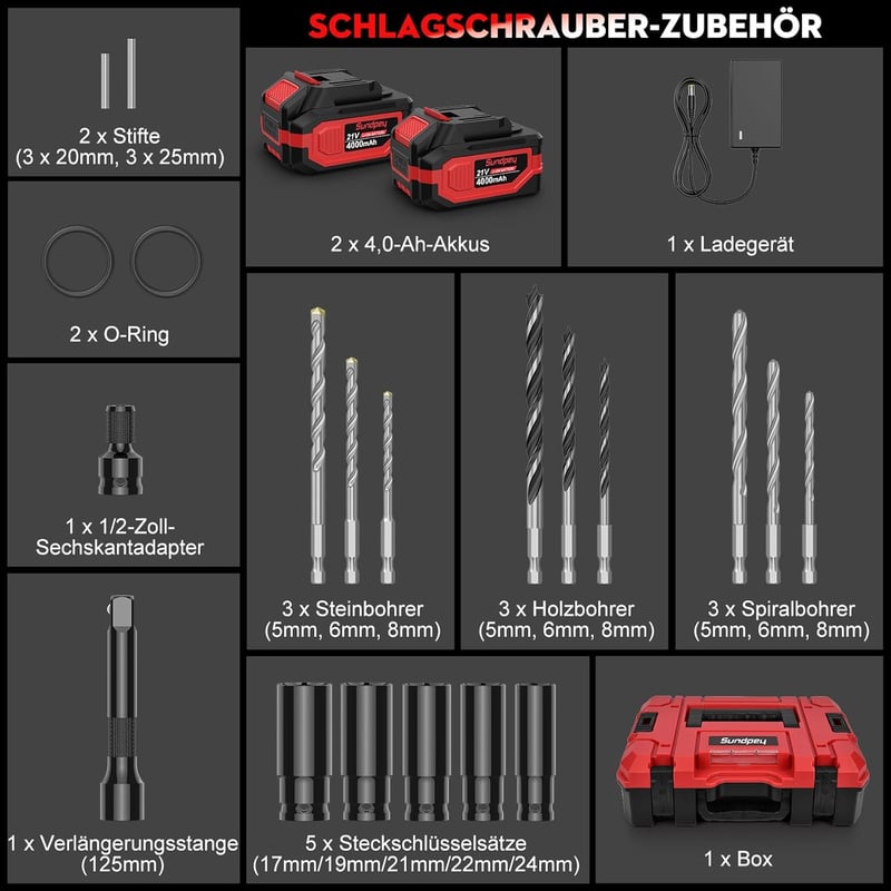Sundpey 21V Akkus Ütvecsavarozó 1400Nm, Kefe Nélküli Motor, 2db 4000mAh Akkumulátor, 5 Dugókulcs, 9 Fúrószár, Autó és Otthoni Szereléshez