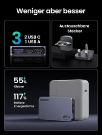 UGREEN Nexode Pro 65W USB-C GaN Töltő - 3 Portos Gyorstöltő MacBook, iPad, iPhone 16, Galaxy S24, Dell XPS Készülékekhez, EU/US/UK Csatlakoz 2
