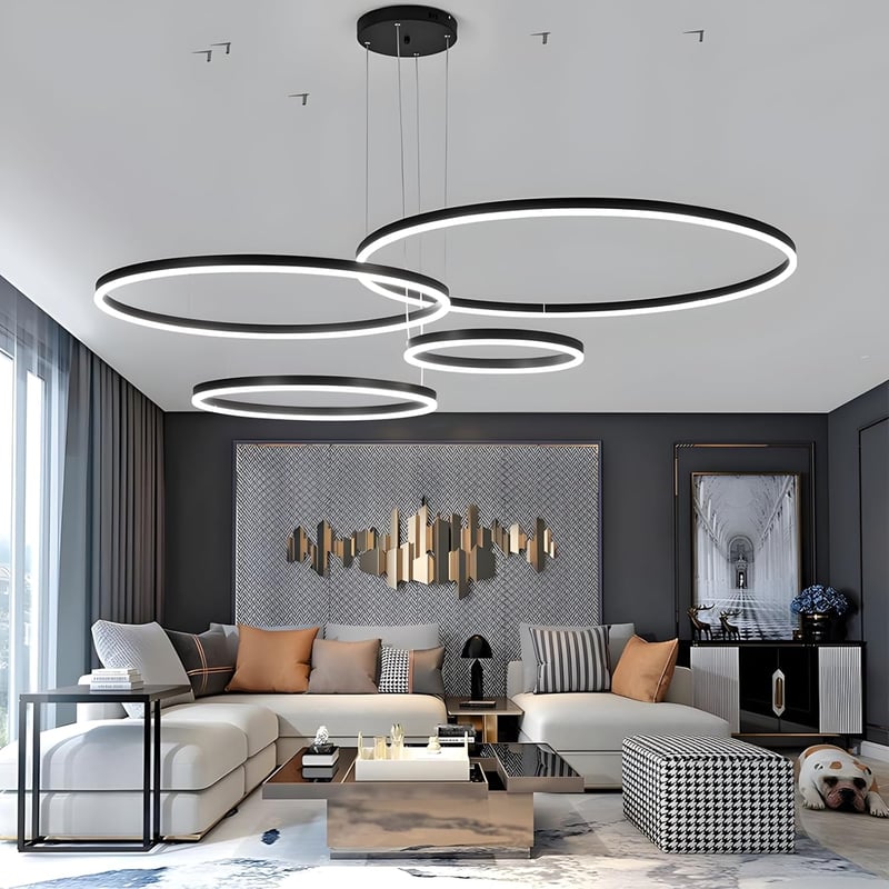 YYUTLUO Modern LED Csillár - 4 Fekete-Arany Gyűrű (20+40+60+80cm), 100W, Távirányítható, Fényerőszabályozható Mennyezeti Lámpa Nappaliba