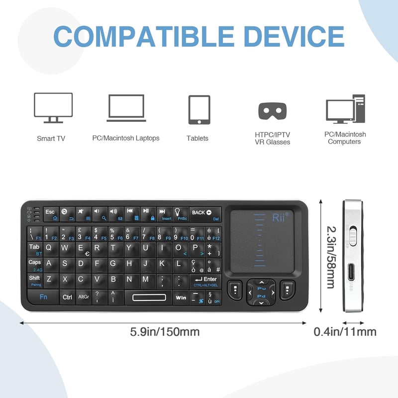 Rii Mini i6 Vezeték Nélküli Billentyűzet Touchpaddal - Bluetooth, IR, USB - Smart TV, TV Box, Tablet, Okostelefon, PC, Konzol Kompatibilis