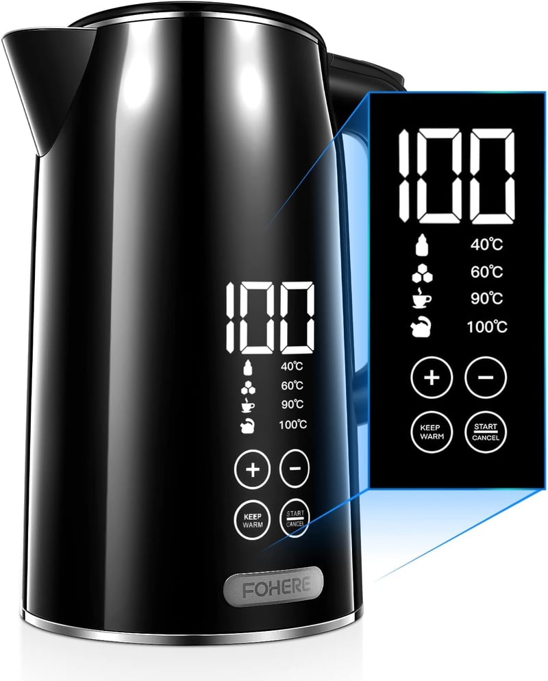 FOHERE Dupla falú vízforraló hőmérséklet-szabályozással, LCD kijelzővel, 1.7L, fekete