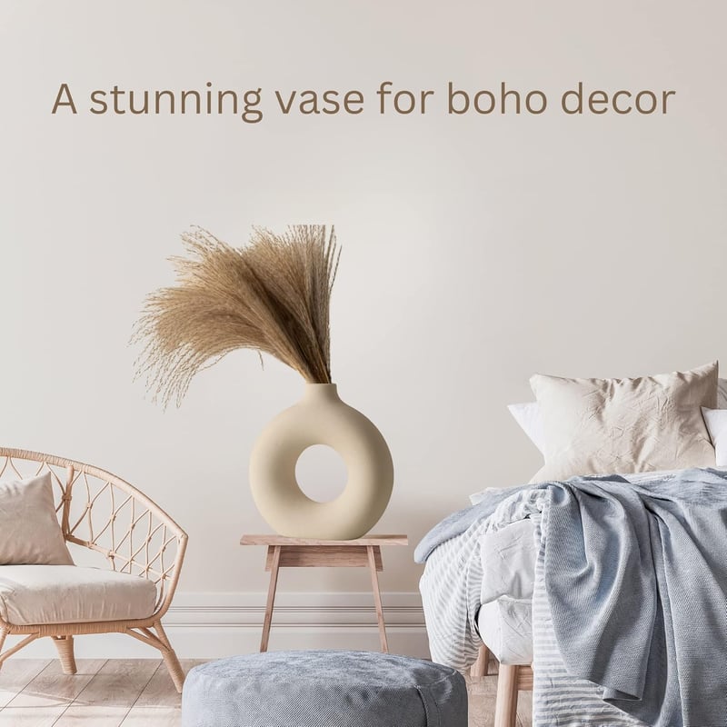 RyddeligHome Fehér Mini Kerámia Váza Donut Alakú Boho Dekoráció Asztalra Pampásfűhöz