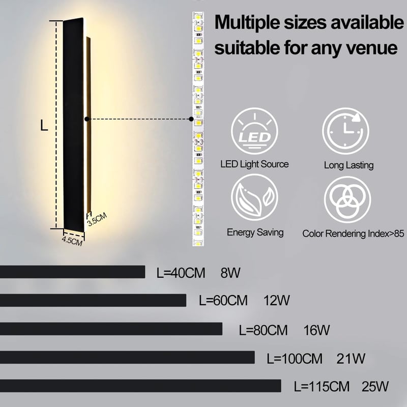 ZTWLEED 60cm Fekete LED Fali Lámpa - 12W Meleg Fehér 3000K Kültéri Világítás IP65 Vízálló Alumínium Villa Terasz Kert Folyosó Erkély