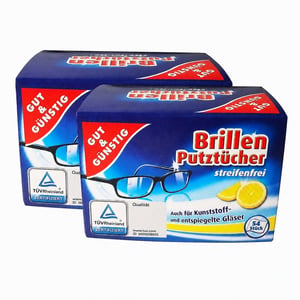 Șervețele pentru curățarea ochelarilor Gut & Günstig, fără dâre, 2 pachete a câte 108 bucăți, pentru lentile din plastic și antireflex, certificate TÜV — set de 2 bucăți