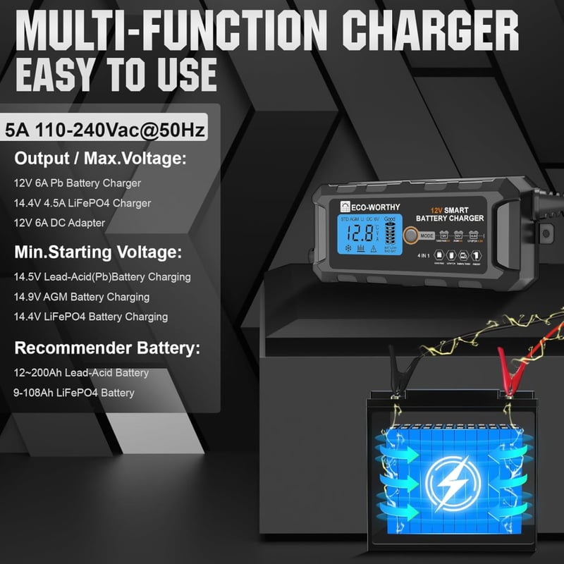 ECO-WORTHY 5A LiFePO4 Autó Akkumulátor Töltő 12V Lítium Akkuhoz