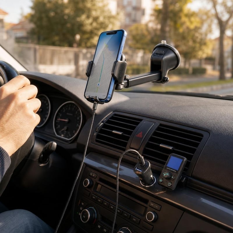Auto paket za putovanja: 1x USB-C Lightning kabel + 1x držač mobitela + 1x auto punjač + 1x FM odašiljač