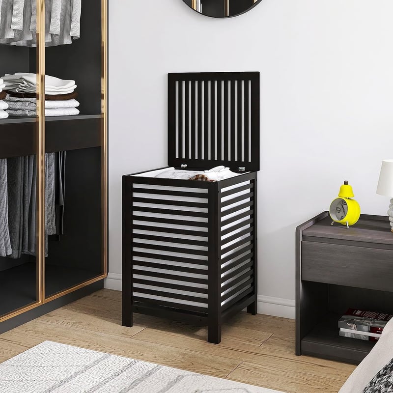 SMIBUY Bambusz Szennyestartó Kosár Fedéllel - Nagy Méretű Tárolódoboz Ruhákhoz, Játékokhoz és Törölközőkhöz, Fekete, 65x65x47 cm