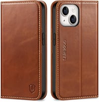 iPhone 14 Valódi Bőr Flip Tok RFID Védelemmel - SHIELDON Retro Barna 1