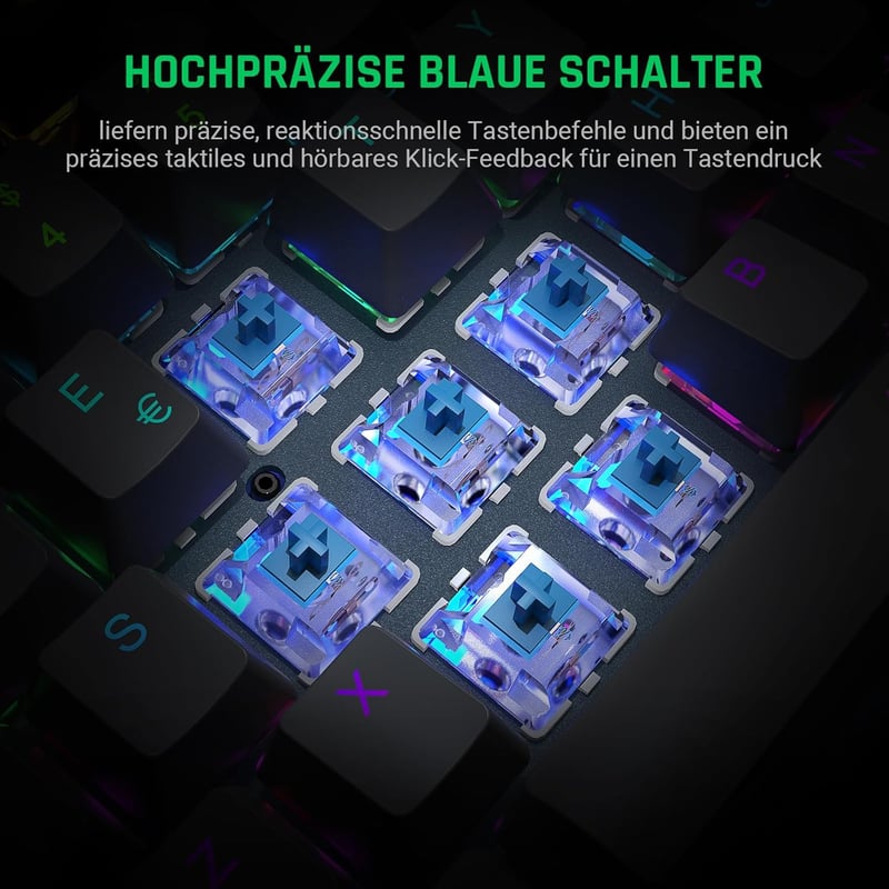 Black Shark RGB mechanikus gamer billentyűzet, kék kapcsolók, QWERTZ német kiosztás