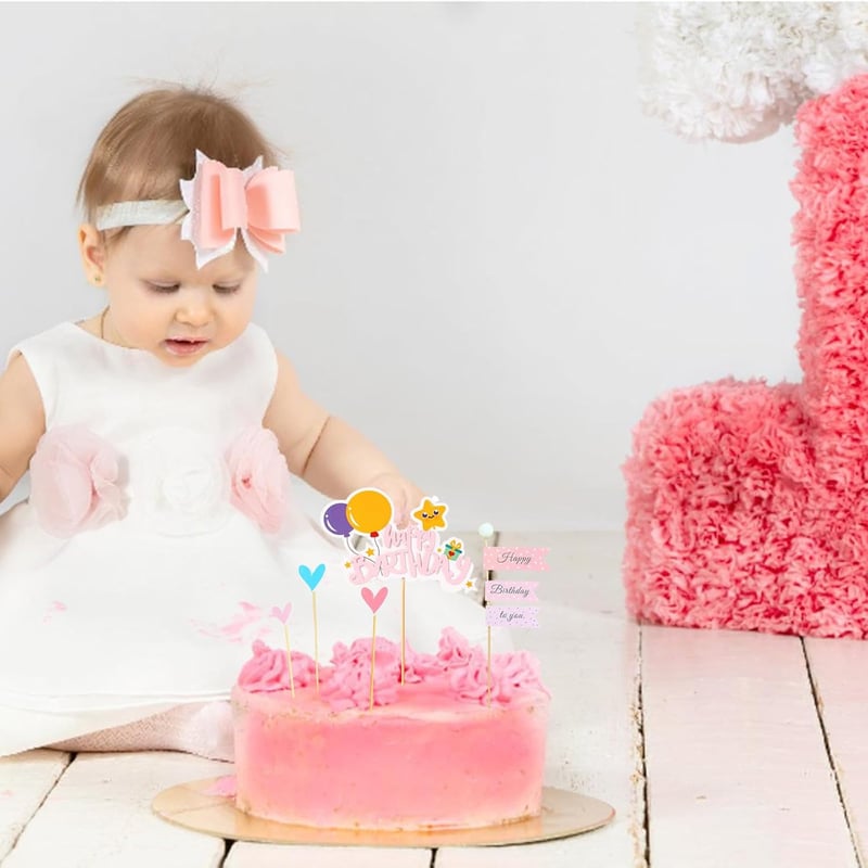 Koboko Szülinapi Tortadísz Szett - Rózsaszín Happy Birthday Felirattal, Szívecskés Zászlókkal - Fiúknak és Lányoknak - Gyerek Születésnapi T