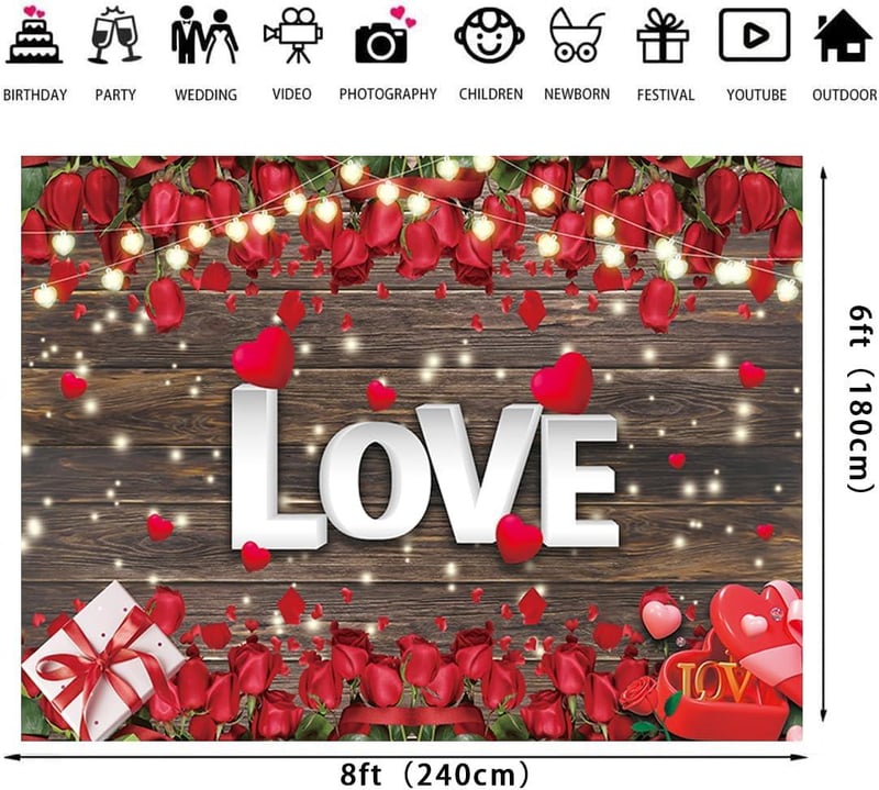Vörös Rózsás Szerelmes Szív Fotóháttér Valentin-napra 8x6 láb