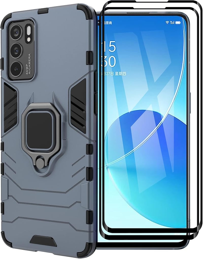 Oppo Reno6 5G Kék Tok + 2 Üvegfólia, Forgatható Gyűrűs Állvánnyal