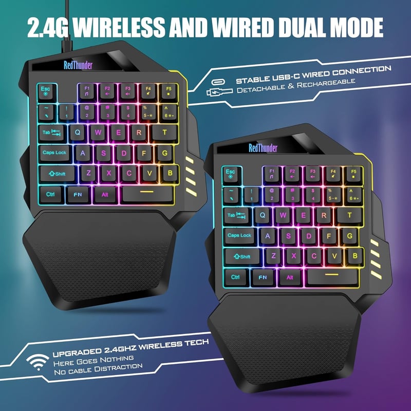 RedThunder G60 Vezeték Nélküli Egykezi Gamer Billentyűzet, 2000 mAh Akkumulátor, RGB Háttérvilágítás, Ergonomikus, PC/Mac/PS5 Kompatibilis - Wireless