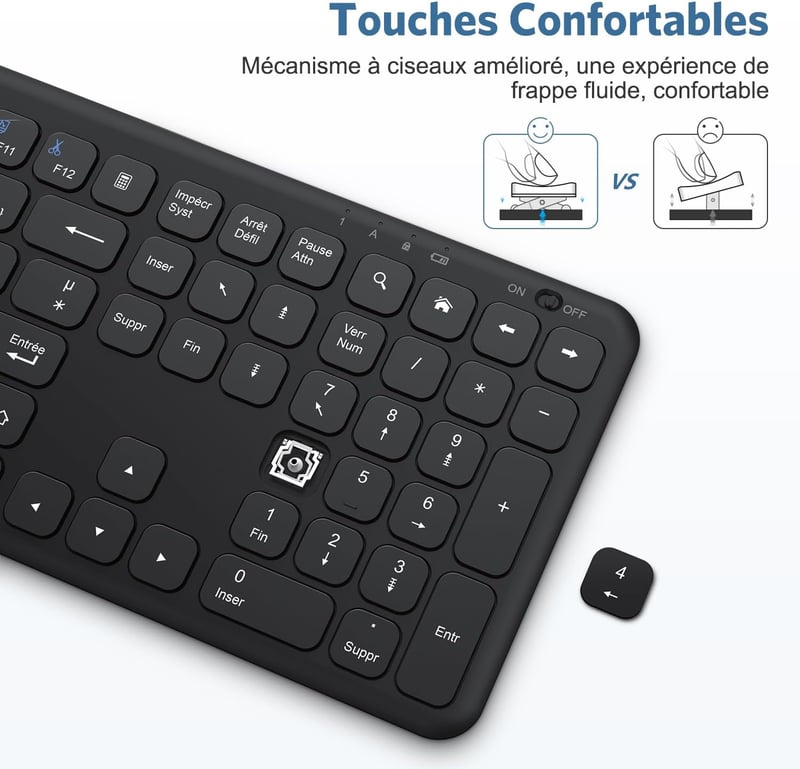 OMOTON vezeték nélküli AZERTY billentyűzet, ultravékony, numerikus blokkal, Windows kompatibilis