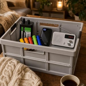 Núdzový balíček pri výpadku prúdu: 1x 6V batéria + 6x baterka + 10000mAh powerbanka + FM rádio + 45l box