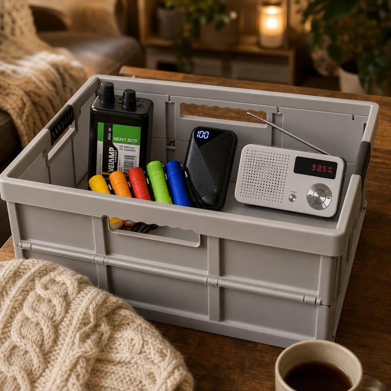Núdzový balíček pri výpadku prúdu: 1x 6V batéria + 6x baterka + 10000mAh powerbanka + FM rádio + 45l box