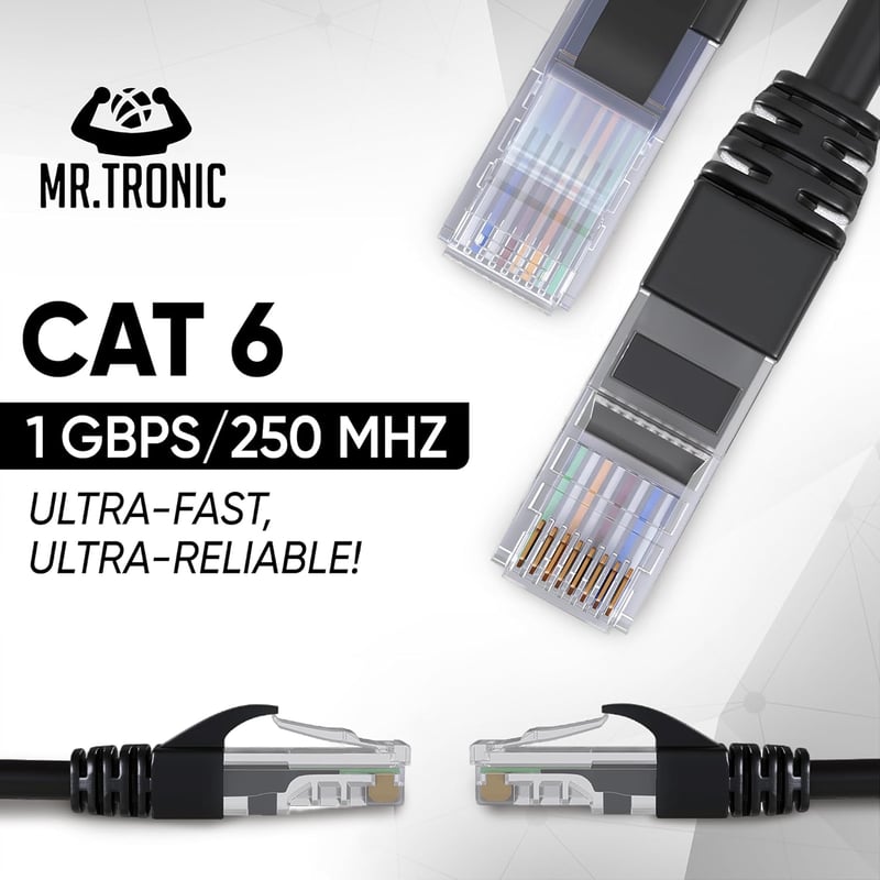 Mr. Tronic 30 méteres Cat6 UTP fekete Ethernet kábel, RJ45 csatlakozókkal