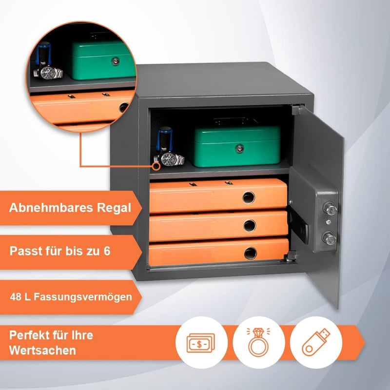 Brihard Business EL Elektronikus Széf - 57 Literes Acél Páncélszekrény, Titán Szürke, Digitális Zár, LED Kijelző, Fali és Padló Rögzítés