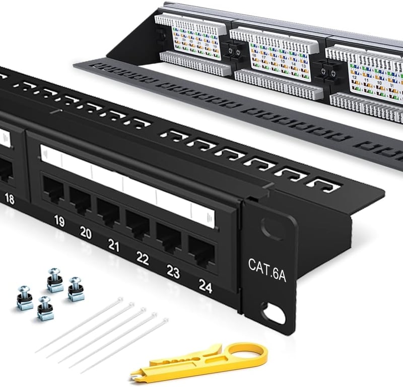 24 Port Patch Panel CAT6A 19" Rack Mount Ethernet Fali Rendező Panel Cat5/5e/6/6A Kábelekhez