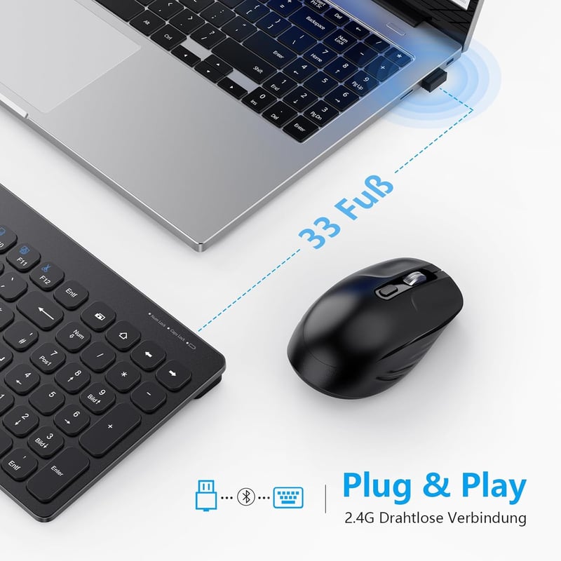 OMOTON vezeték nélküli billentyűzet és egér szett, Windows kompatibilis, QWERTZ, fekete